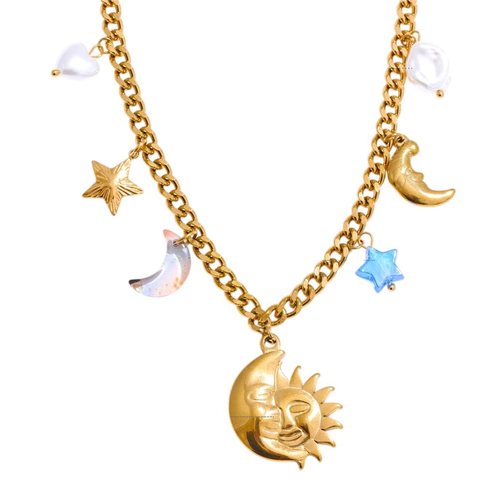 Collier à breloque lune & soleil doré