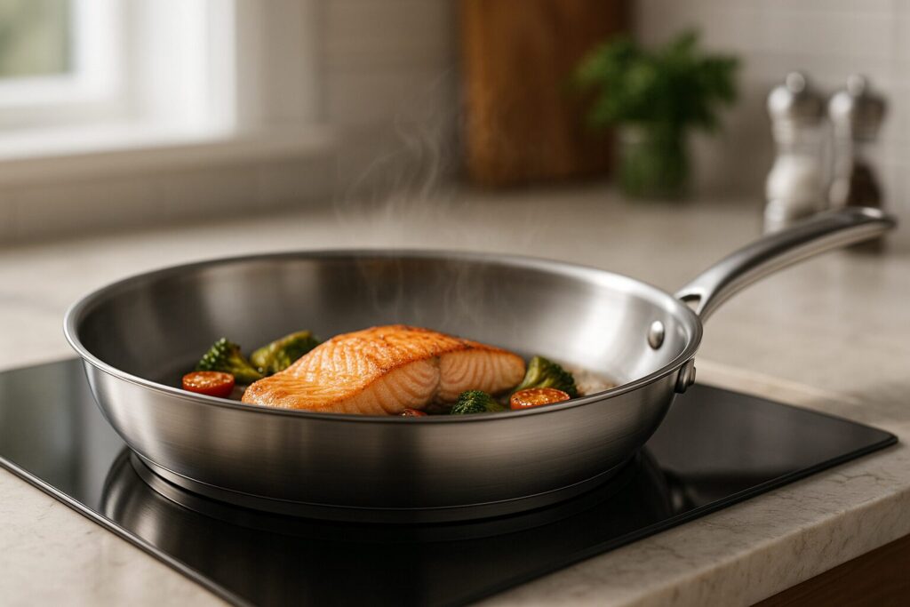 Optez pour le poele inoxydable: durabilité, entretien facile et design moderne. Résistant à la chaleur et sans décoloration, il offre une cuisson homogène et une brillance qui dure, idéal pour une cuisine chic, durable et accessible.