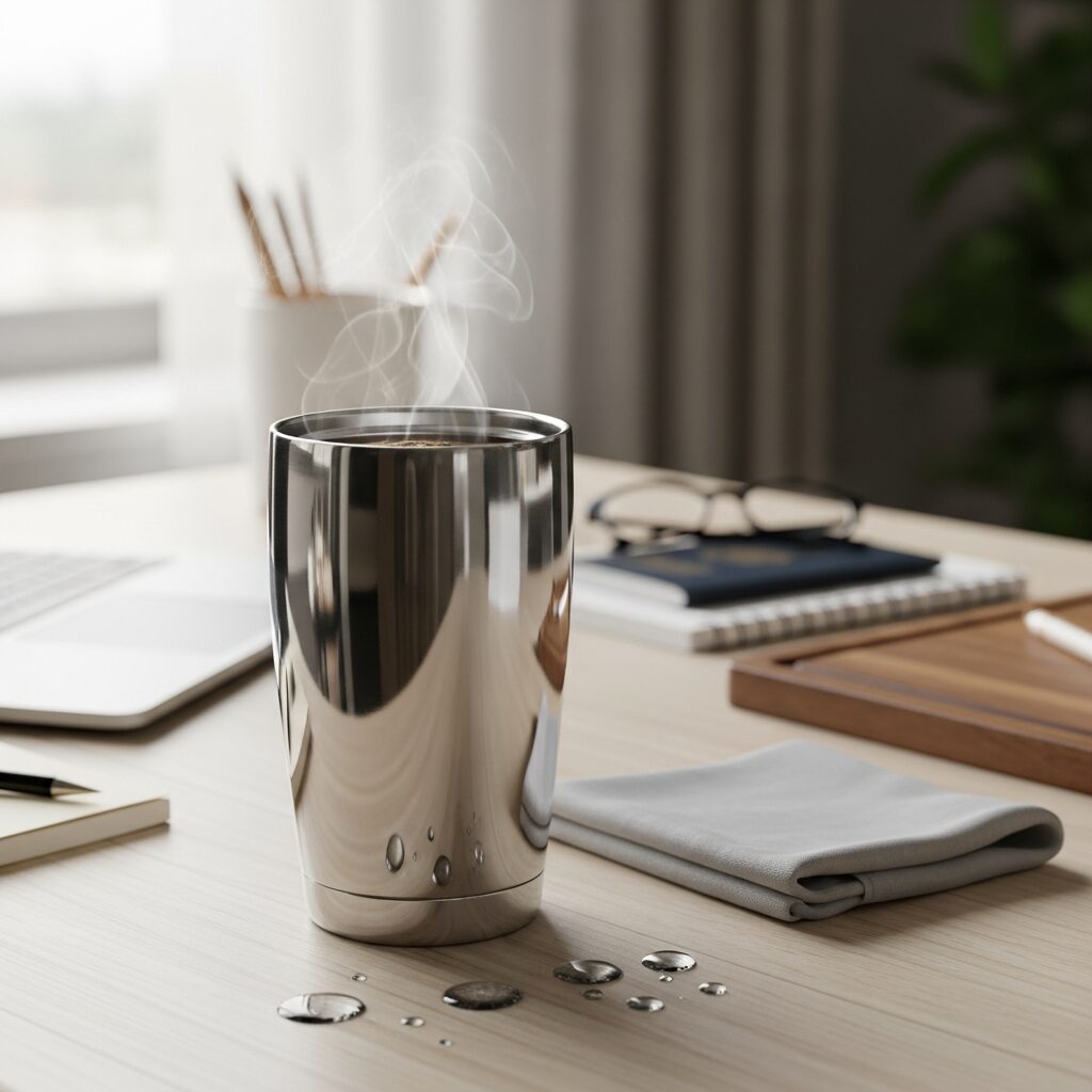 Tasse acier inoxydable : élégante, durable et sans entretien. Découvrez pourquoi cette tasse inox garde son éclat, résiste aux rayures et n’altère ni le goût ni la température. Facile à nettoyer, hypoallénique et idéale au bureau, en voyage ou à la maison.