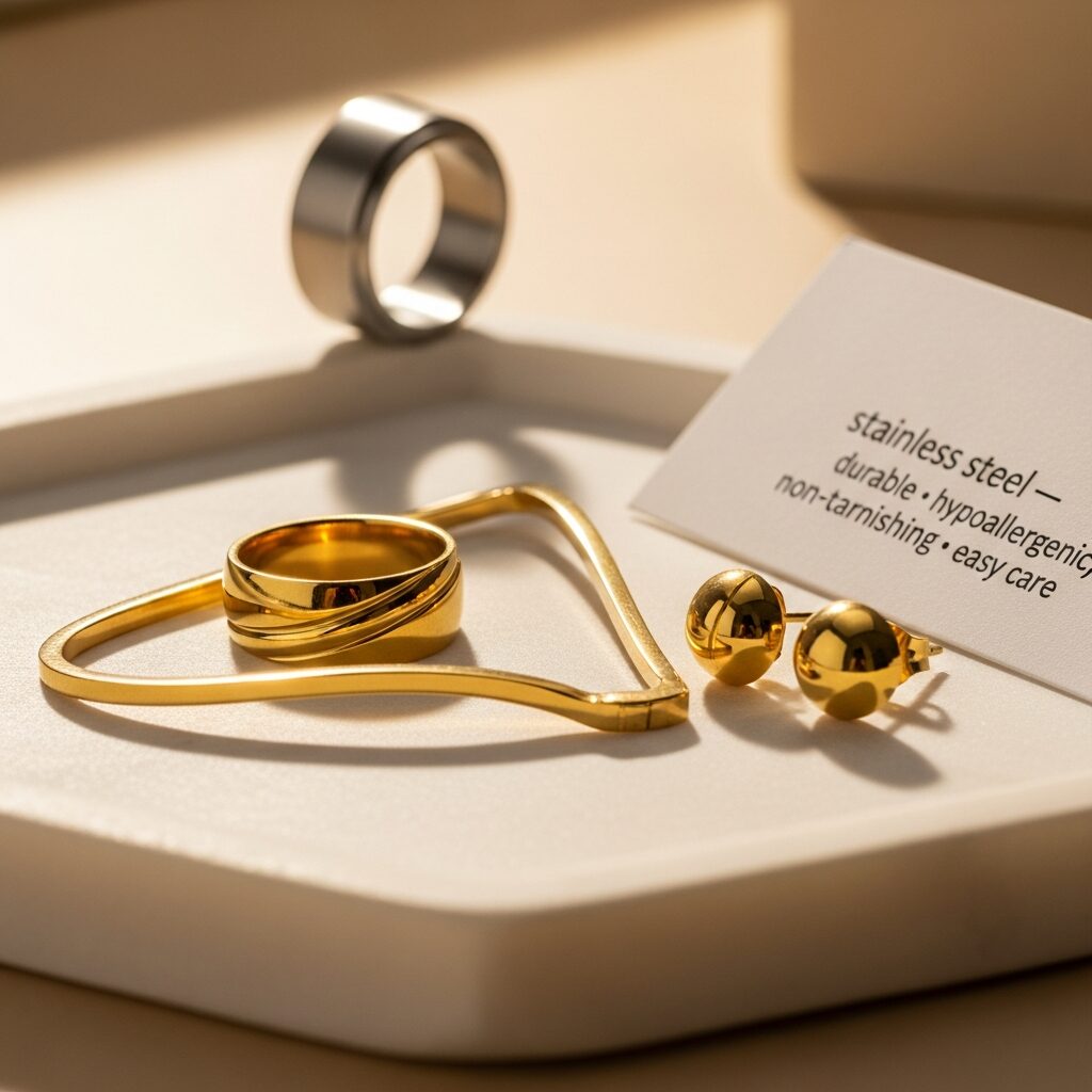 aluminium ou acier inoxydable : choisissez l'acier inoxydable, durable, hypoallergénique et sans ternissement. Découvrez des bijoux modernes qui imitent l’or sans compromis, faciles d’entretien et parfaits pour le quotidien.