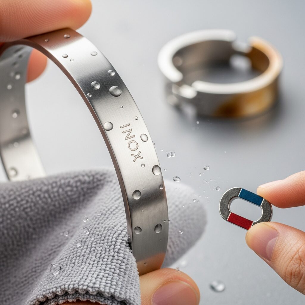 Comment savoir si un bijou est en acier inoxydable ? Découvrez des signes simples: gravure inox, brillance qui ne ternit pas, entretien rapide et tests maison fiables. Evitez le plaqué: choisissez l'inox durable, hypoallergénique et sans compromis.