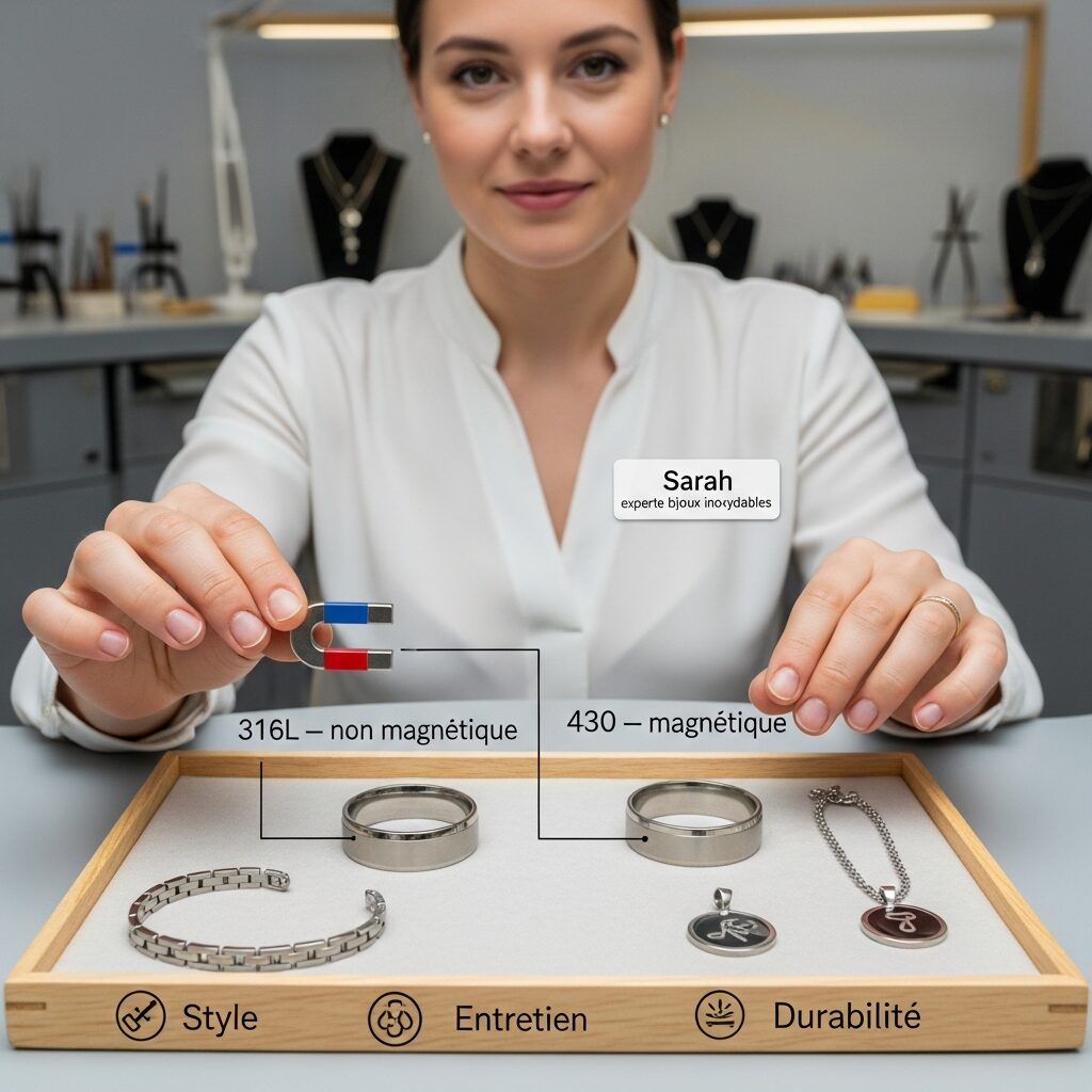 Sarah, experte en bijoux inoxydables, répond à la question: acier inoxydable est il aimanté. Découvrez pourquoi l’aimantation varie selon l’alliage et comment cela influe sur le style, l’entretien et la durabilité d’un bijou moderne et accessible.